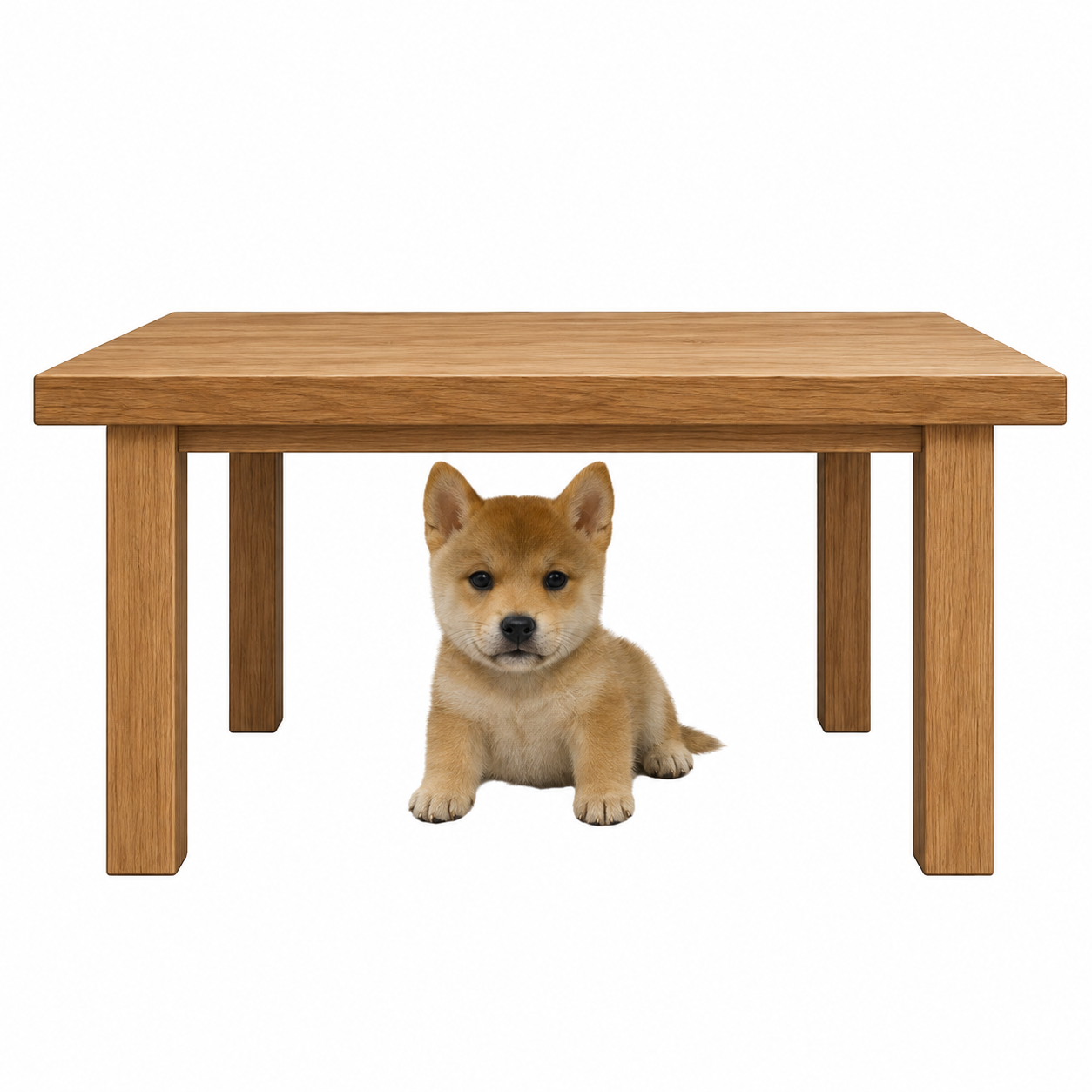 A small determined dog sitting under a wooden table, the $Underdog mascot